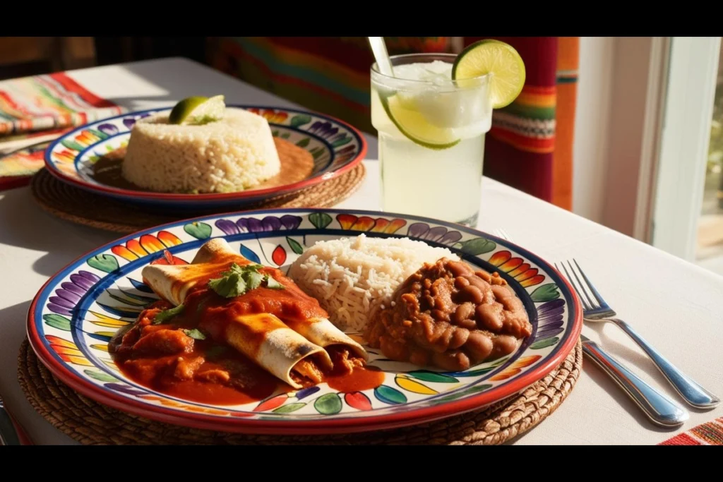 Plated enchilada with Mexican rice, beans, and lime agua fresca.