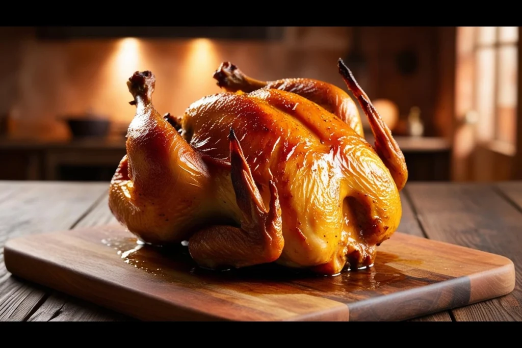 chicken with beautifully crispy skin, resting on a wood cutting board