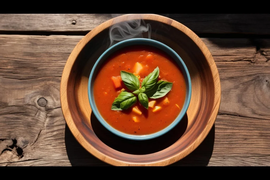 A close-up view of a bowl of panera tomato soup, garnished with fresh basil.