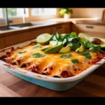 Perfectly baked enchilada with melted cheese and fresh garnish.