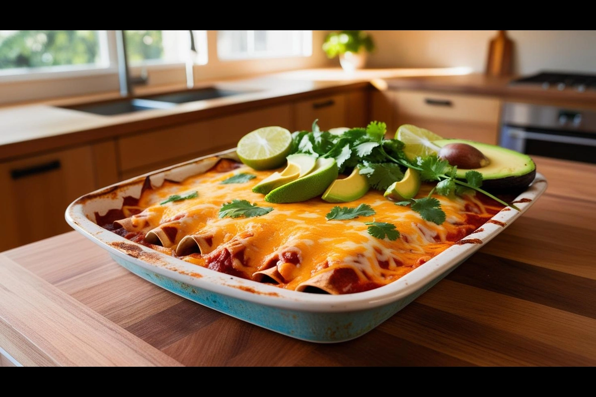 Perfectly baked enchilada with melted cheese and fresh garnish.