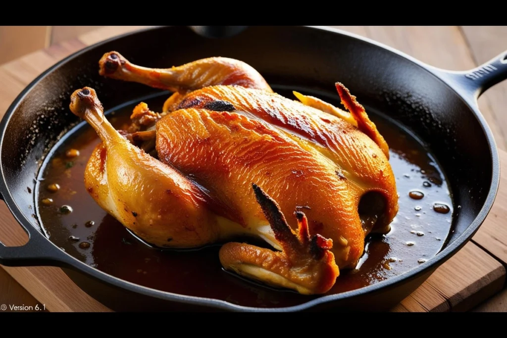 Close-up of wonderfully crispy braised chicken skin on a succulent chicken thigh, highlighting its texture and color.