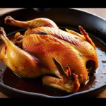 Close-up of wonderfully crispy braised chicken skin on a succulent chicken thigh, highlighting its texture and color.