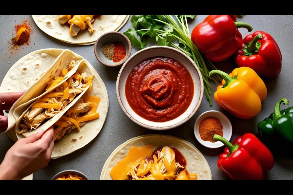 Step-by-step enchilada preparation with tortillas, fillings, and fresh ingredients.