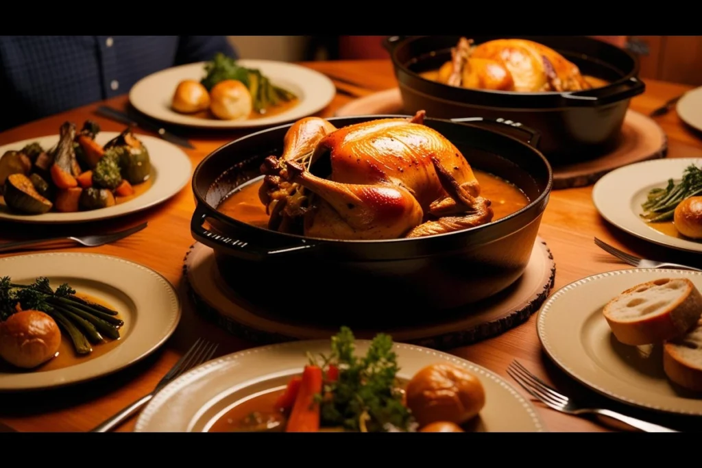 A family dinner table with braised chicken in the oven with crispy skin as the centerpiece.