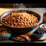 Rustic display of homemade baked beans and key ingredients, beautifully arranged on a wooden surface.