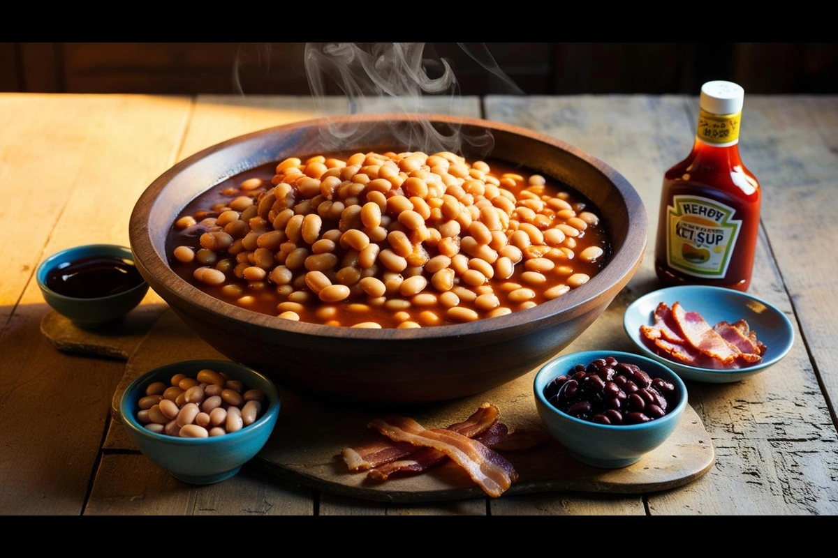 Rustic display of homemade baked beans and key ingredients, beautifully arranged on a wooden surface.