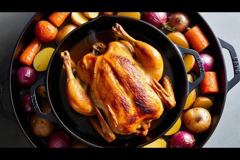 Delicious braised chicken in the oven with crispy skin surrounded by roasted vegetables.