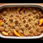 Close-up of a freshly baked peach crumble, displaying a golden-brown crust and visible peaches.