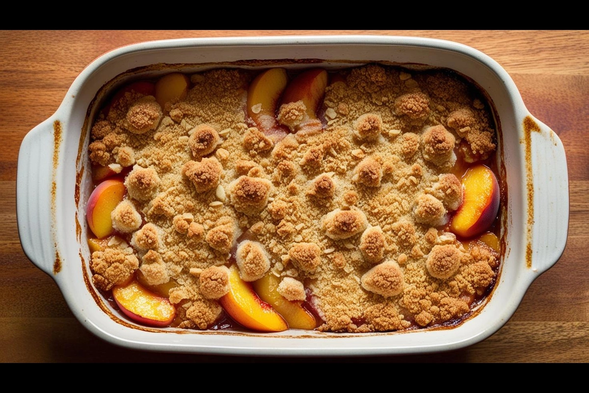 Close-up of a freshly baked peach crumble, displaying a golden-brown crust and visible peaches.