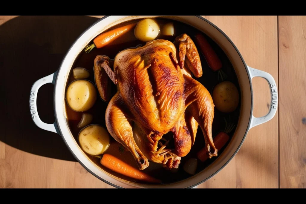 Whole braised chicken with perfectly crispy skin in a Dutch oven, surrounded by braising liquid and a variety of colorful vegetables.