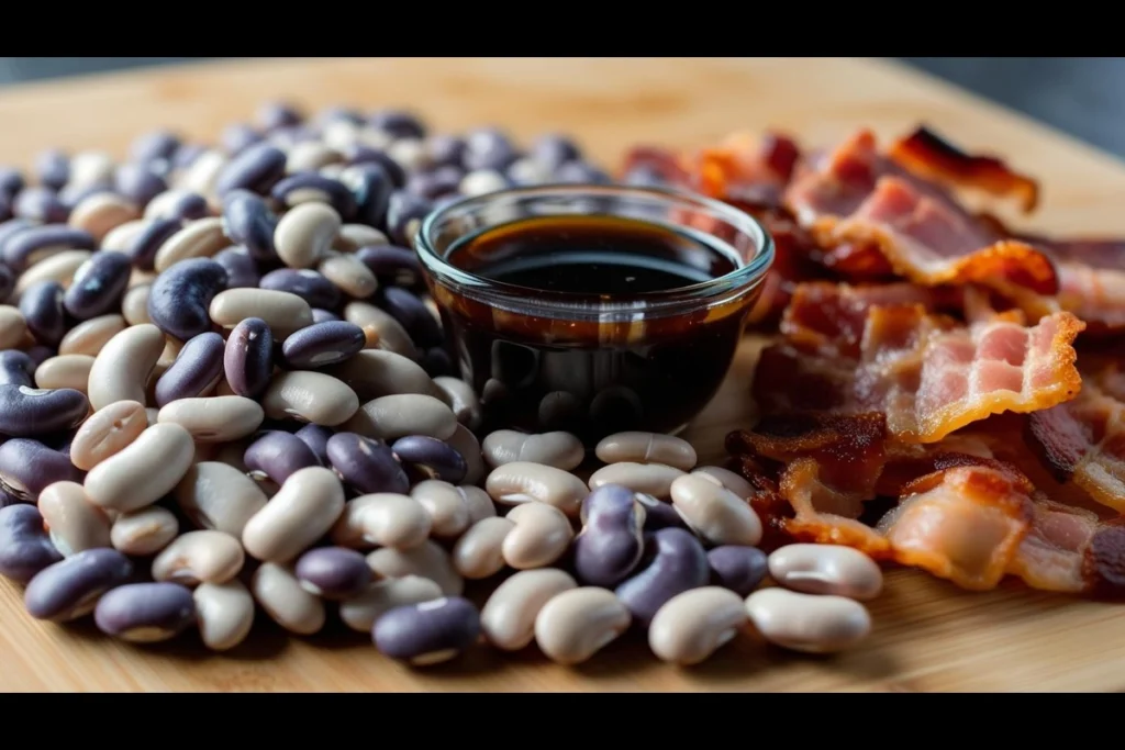  A close-up of baked bean ingredients: navy beans, molasses, and bacon, highlighting the raw forms of these essential ingredients.