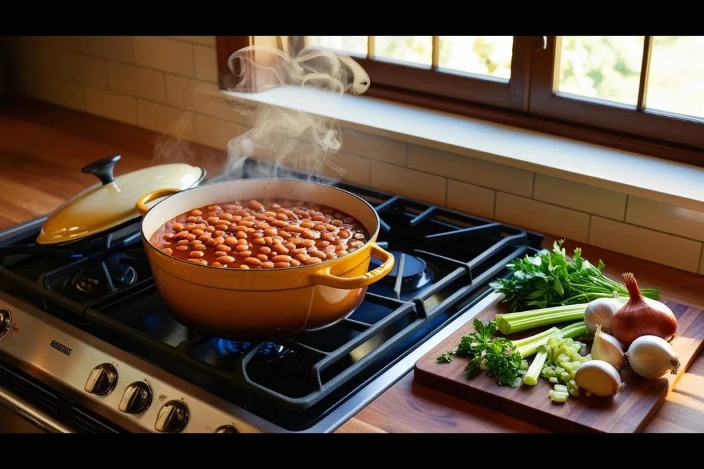  baked beans simmering, with ingredients neatly displayed nearby, highlighting the cooking process.

baked beans simmering, with ingredients neatly displayed nearby, highlighting the cooking process.