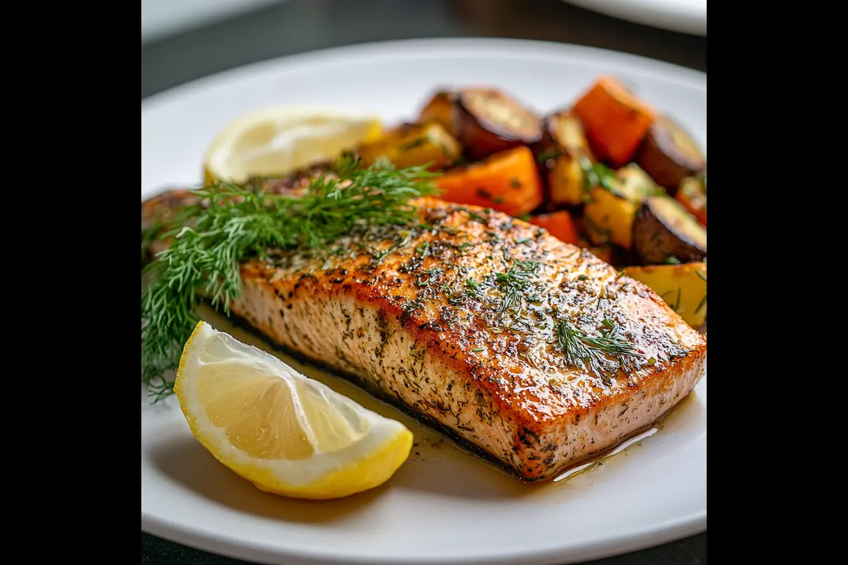 Plated steelhead trout with roasted vegetables, lemon, and herbs.Steelhead Trout Recipe