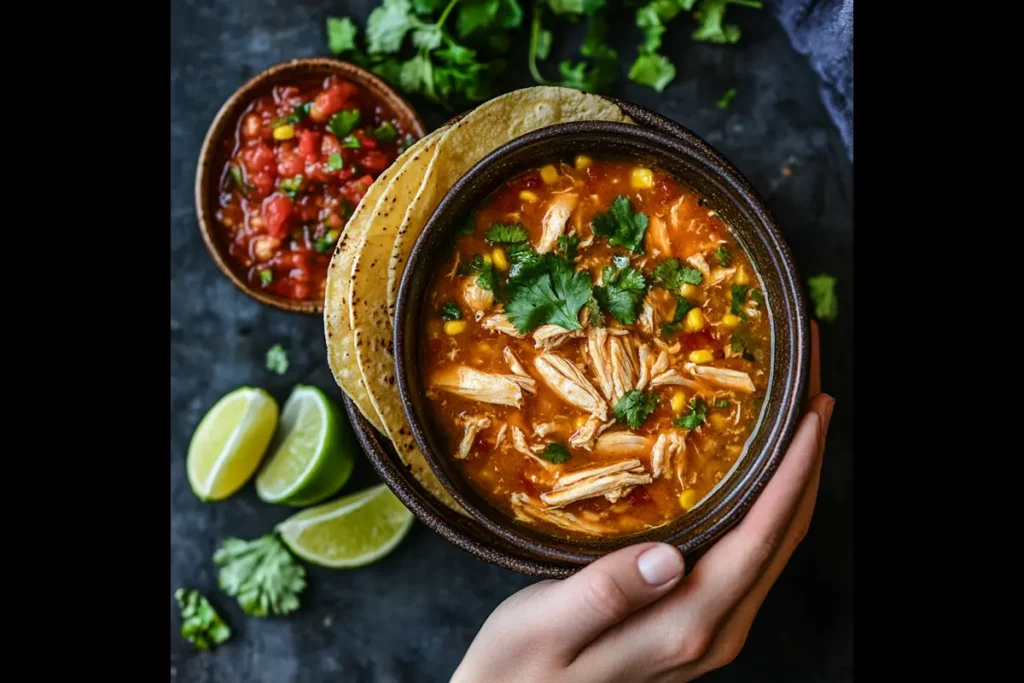 Caldo de pollo served with tortillas and lime
