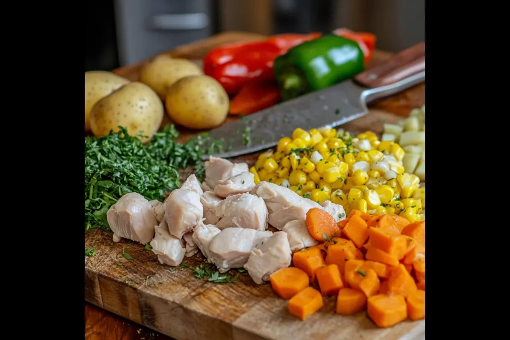 Fresh ingredients for caldo de pollo including chicken and vegetables