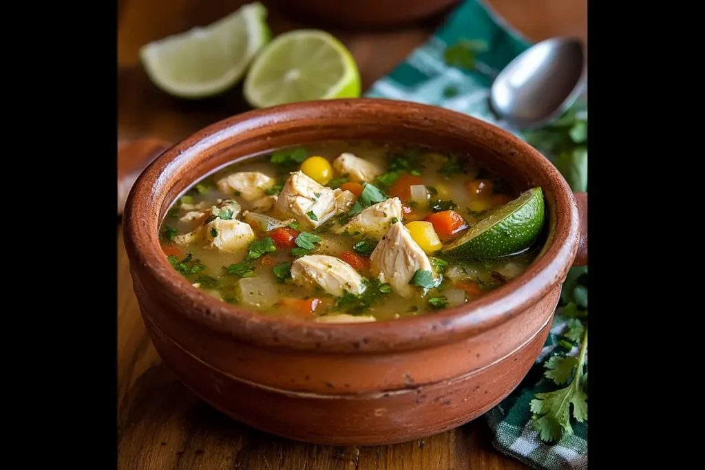 A bowl of caldo de pollo with lime, cilantro, and vegetables