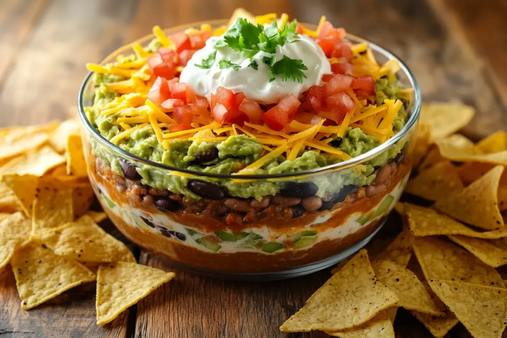 7 layers taco dip with tortilla chips on a rustic table