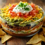 7 layers taco dip with tortilla chips on a rustic table