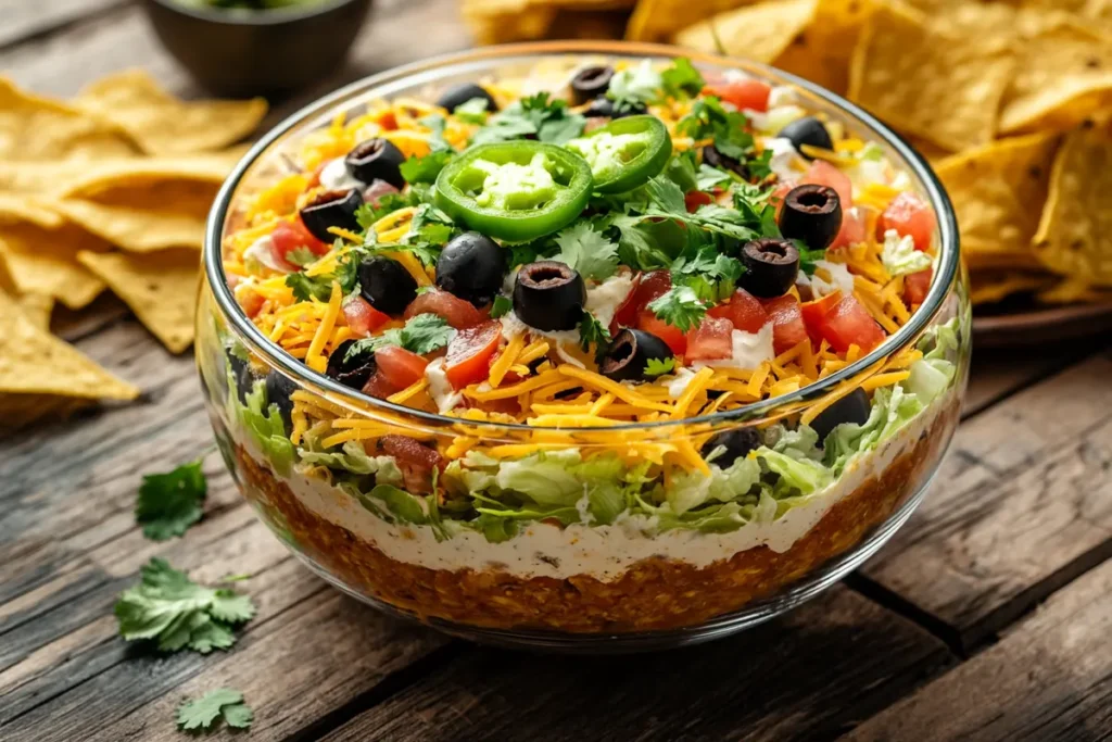 Layered taco dip in a glass dish with colorful toppings and chips.