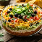 Layered taco dip in a glass dish with colorful toppings and chips.