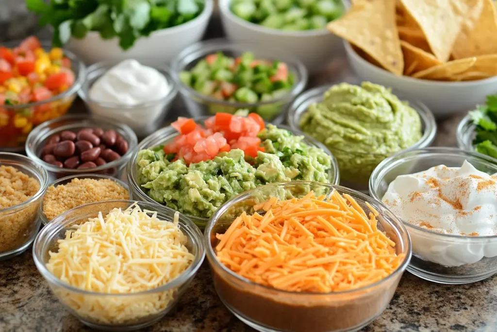 7 layers taco dip ingredients arranged on a countertop