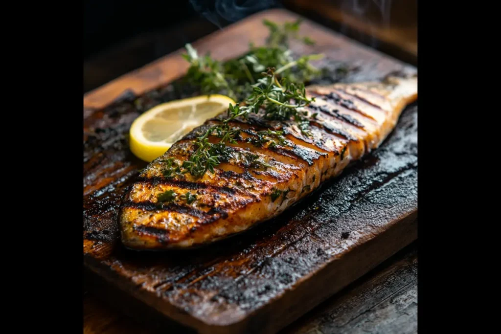 Grilled steelhead trout on the BBQ with char marks and fresh herbs.