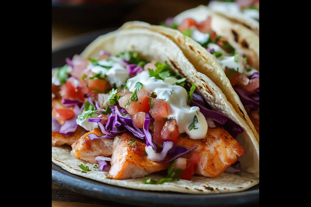 Steelhead trout tacos with salsa, cabbage, and sour cream.