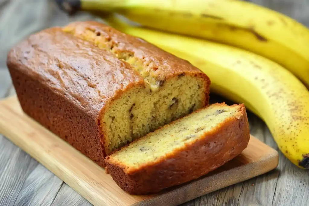 Freshly baked banana bread with baking ingredients nearby.Freshly baked banana bread with baking ingredients nearby.